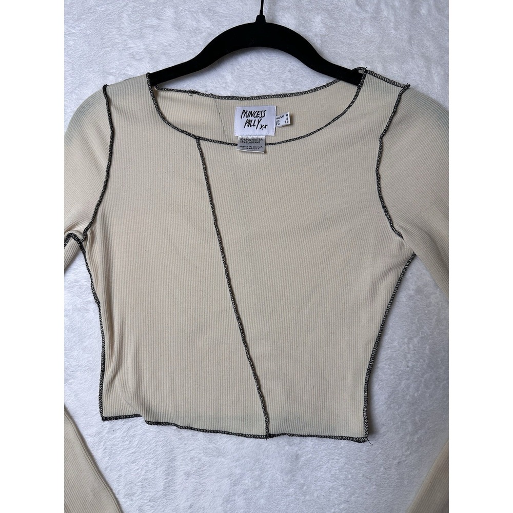 Princess Polly Crop Top Womens 4 Waffle Knit Off White Long Sleeve Black Trim - Picture 2 of 12